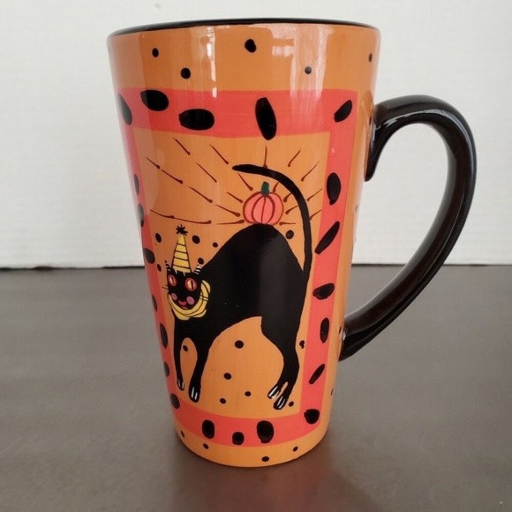 Sharon Bloom Halloween Black Cat Pumpkin Hand Painted Orange Latte Mug 14 oz